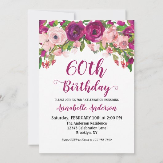 Invitation Floral 60e anniversaire Purple rose aquarelle mode (Devant)