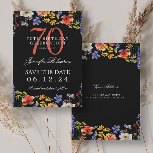 Invitation Floral 70e anniversaire Enregistrer la date Noir