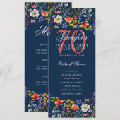 Invitation Floral 70th Birthday Party Program Menu Marine (Devant / Derrière)