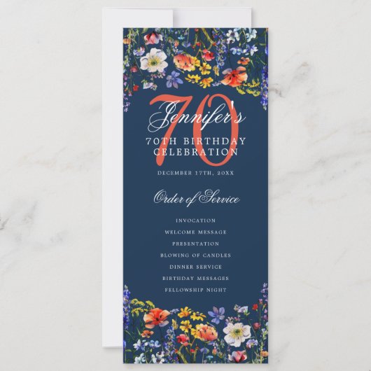 Invitation Floral 70th Birthday Party Program Menu Marine (Devant)