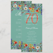 Invitation Floral 70th Birthday Party Program Menu Turquoise (Devant / Derrière)