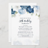 Invitation Floral 80e anniversaire Dusty Blue Script Party (Devant / Derrière)