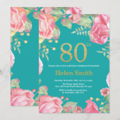 Invitation Floral 80e anniversaire Parties scintillant or et  (Devant / Derrière)