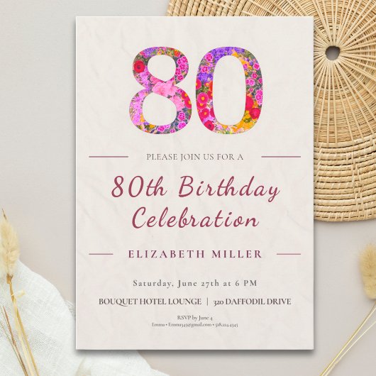 Invitation Floral 80th Birthday - Elegant Celebration