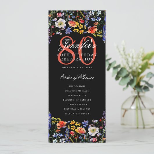 Invitation Floral 80th Birthday Party Program Menu Noir (Debout devant)