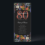 Invitation Floral 80th Birthday Party Program Menu Noir<br><div class="desc">Elégant design "programme fête d'anniversaire" avec fleurs sauvages aquarelles et texte personnalisé.</div>