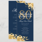 Invitation Floral 80th Birthday Program Gold & Navy avec menu (Devant / Derrière)