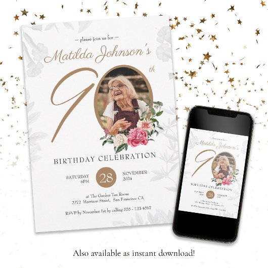Invitation Floral 90e Anniversaire Blanc Gold Botanical Custo