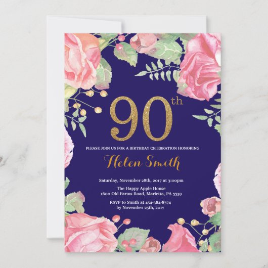 Invitation Floral 90e anniversaire Parties scintillant d'or b (Devant)