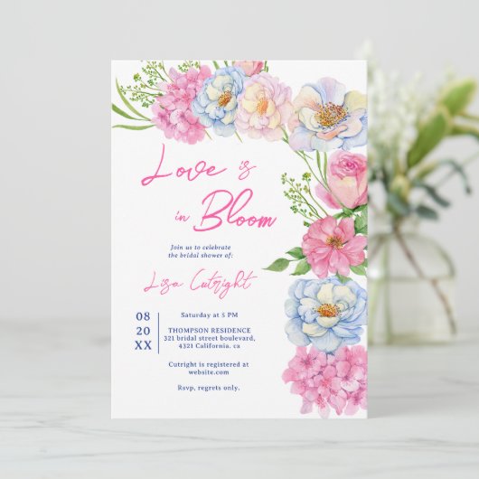 Invitation Floral Amour en fleur rose douche nuptiale d'été (Debout devant)