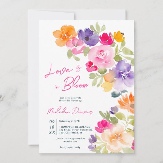 Invitation Floral Amour en fleur rose douche nuptiale d'été (Devant)