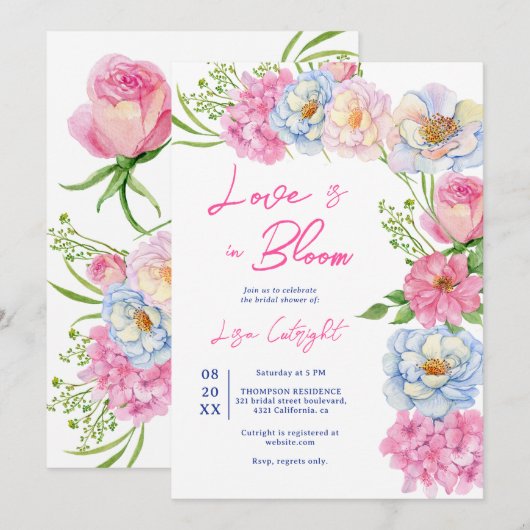 Invitation Floral Amour en fleur rose douche nuptiale d'été (Devant / Derrière)