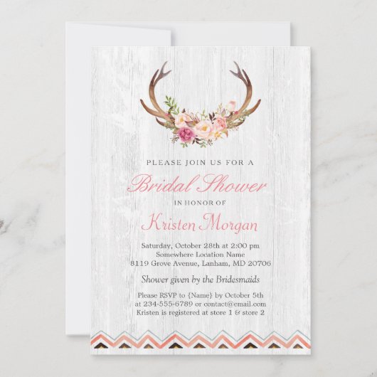 Invitation Floral Antler Boho Rustique Fête des mariées en bo (Devant)