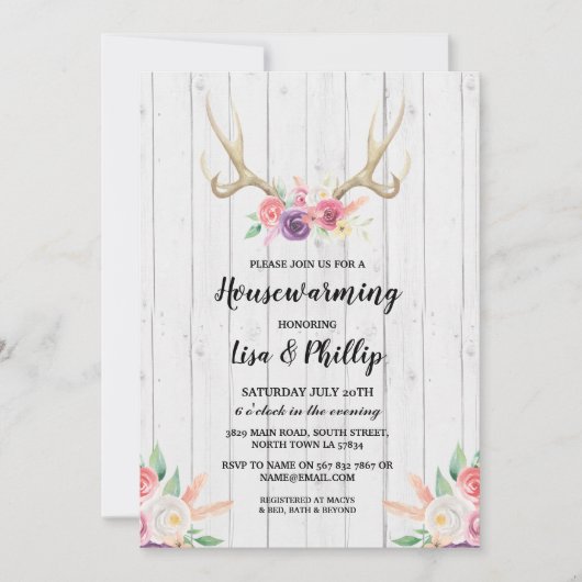 Invitation Floral Antler du parti rustique Housecl (Devant)