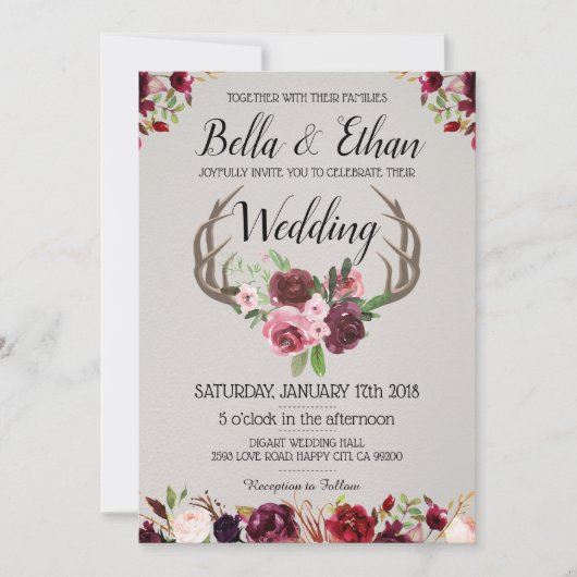 Invitation Floral Antler Suite Mariage style chasse cerfs (Devant)