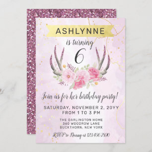 Invitation Floral Antlers & Blush Pink Gold Marble Anniversai