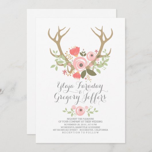 Invitation Floral Antlers Boho Wedding Invite (Devant / Derrière)