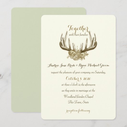 Invitation Floral Antlers Élégant Mariage de bois (Devant / Derrière)