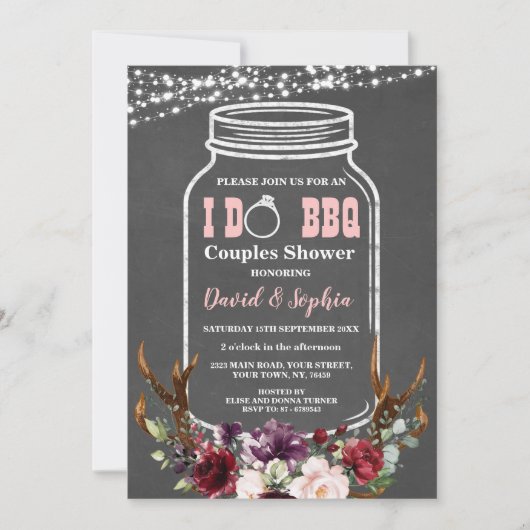 Invitation Floral Antlers Mason Jar Chalk I DO BBQ (Devant)