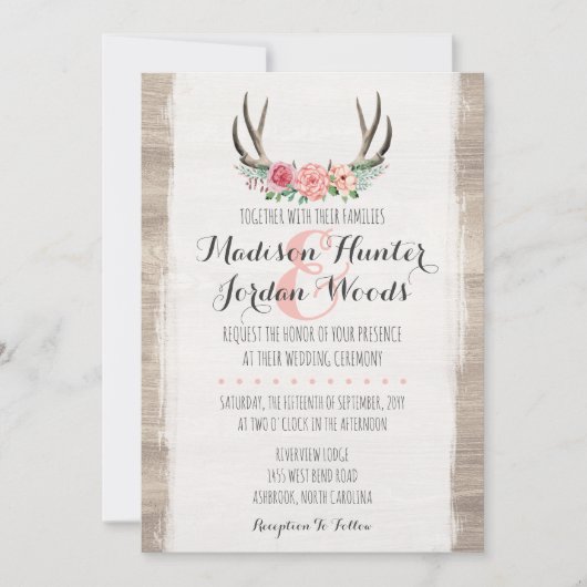 Invitation Floral Antlers Rustique Mariage Personnalisé (Devant)