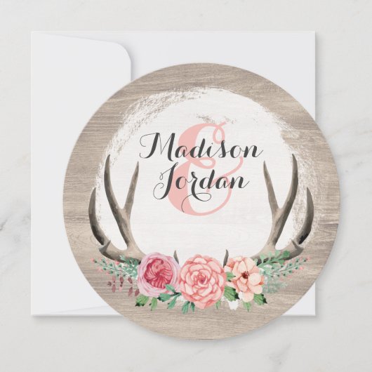 Invitation Floral Antlers Rustique Mariage Personnalisé Décon (Devant)