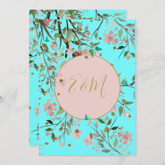 Invitation Floral Aqua Blue Elegant Gold Chinoiserie Mariage (Devant / Derrière)