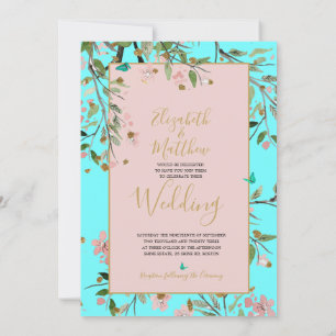 Invitation Floral Aqua Blue Elegant Gold Chinoiserie Mariage
