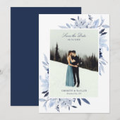 Invitation Floral Aquarelle Bleue Marine Moderne Enregistrer  (Devant / Derrière)