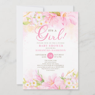 Invitation Floral Aquarelle Boho Baby shower Pique-Nique Rose