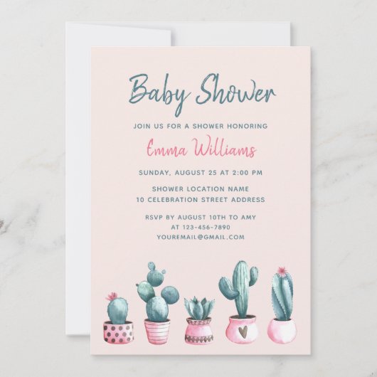 Invitation Floral Aquarelle Cactus Baby shower fille rose (Devant)