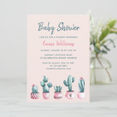 Invitation Floral Aquarelle Cactus Baby shower fille rose (Debout devant)