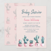 Invitation Floral Aquarelle Cactus Baby shower fille rose (Devant / Derrière)