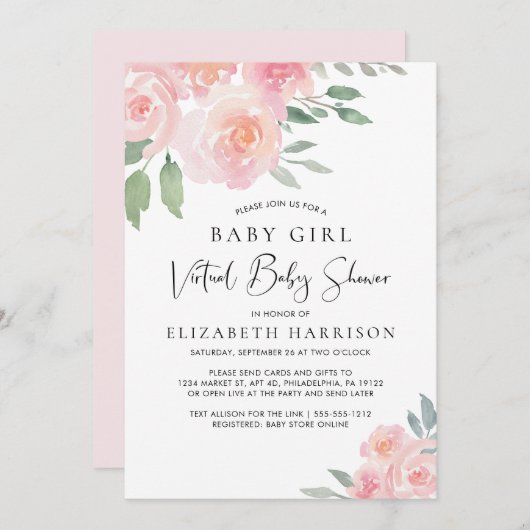 Invitation Floral Aquarelle rose bébé fille Douche virtuelle (Devant / Derrière)