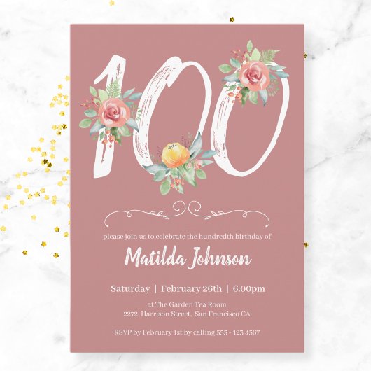 Invitation Floral Aquarelle rose pâle 100e fête d'anniversair