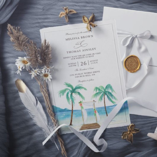 Invitation Floral Arbor Tropical Beach Budget QR Code Wedding