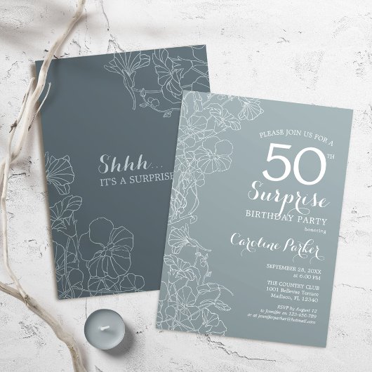 Invitation Floral Ardoise Bleu Surprise 50ème anniversaire