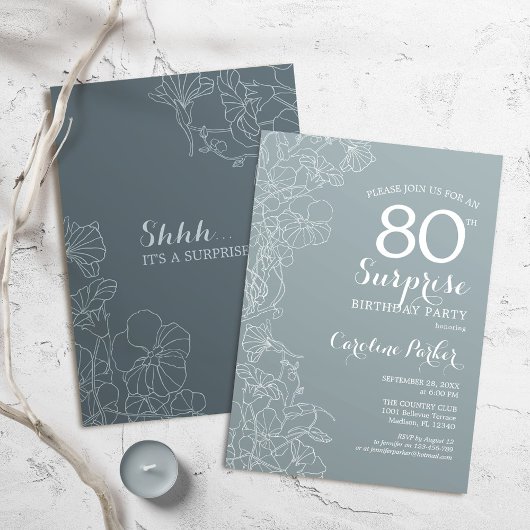 Invitation Floral Ardoise Bleu Surprise 80e anniversaire