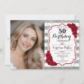 Invitation Floral Argent blanc Roses rouges Photo 50e anniver (Devant)