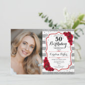 Invitation Floral Argent blanc Roses rouges Photo 50e anniver (Debout devant)
