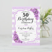 Invitation Floral Argent blanc violet photo 50e anniversaire (Debout devant)