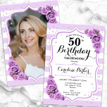 Invitation Floral Argent blanc violet photo 50e anniversaire<br><div class="desc">Elégante invitation au 50e anniversaire, fleurie et féminine avec votre photo au verso de la carte. Glam blanc, lavande violet design avec rayures, rose, police de script et confetti. Parfait pour une fête anniversaire adulte élégante. Personnalisez avec vos propres détails. Peut être customisé pour n'importe quel âge ! Invitations Zazzle...</div>