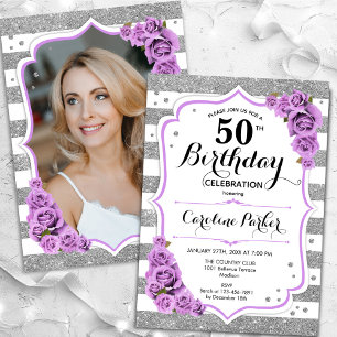 Invitation Floral Argent blanc violet photo 50e anniversaire