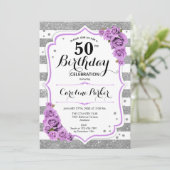 Invitation Floral Argent blanc violet photo 50e anniversaire (Debout devant)