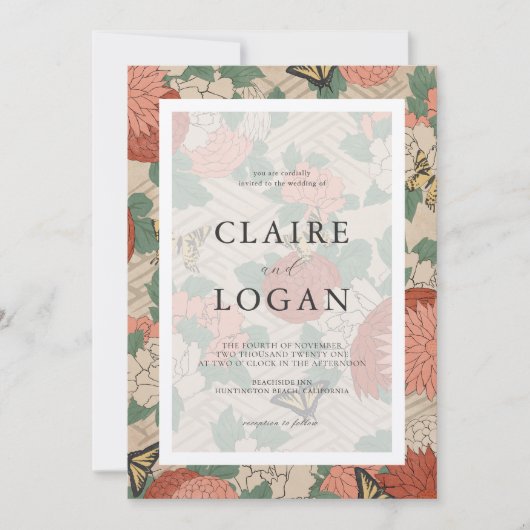 Invitation Floral asiatique & Papillons Mariage beige (Devant)