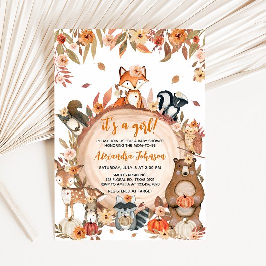 Invitation Floral Automne Citrouille Baby shower de bois