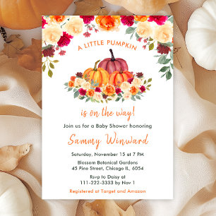 Invitation Floral Automne Orange Baby shower Citrouille