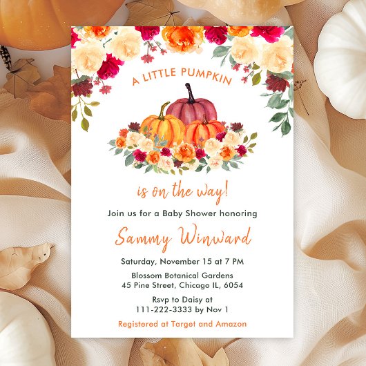 Invitation Floral Automne Orange Baby shower Citrouille
