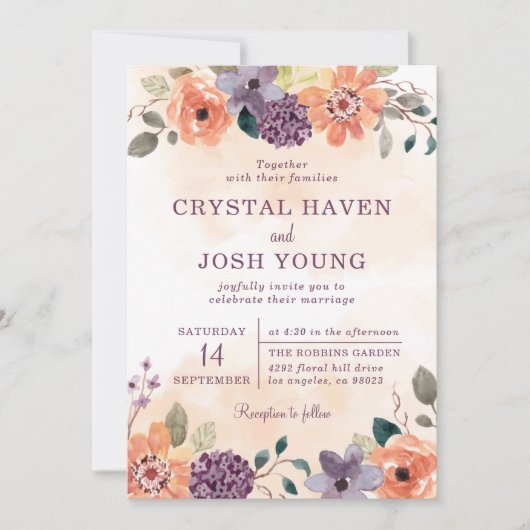 Invitation Floral automne violet et orange Mariage automne (Devant)