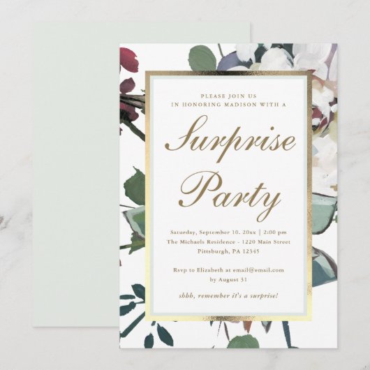 Invitation Floral avec Faux Gold Frame Surprise Party (Devant / Derrière)