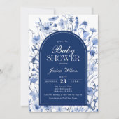 Invitation Floral Baby Boy Douche Chinoiserie Marine Bleu (Devant)
